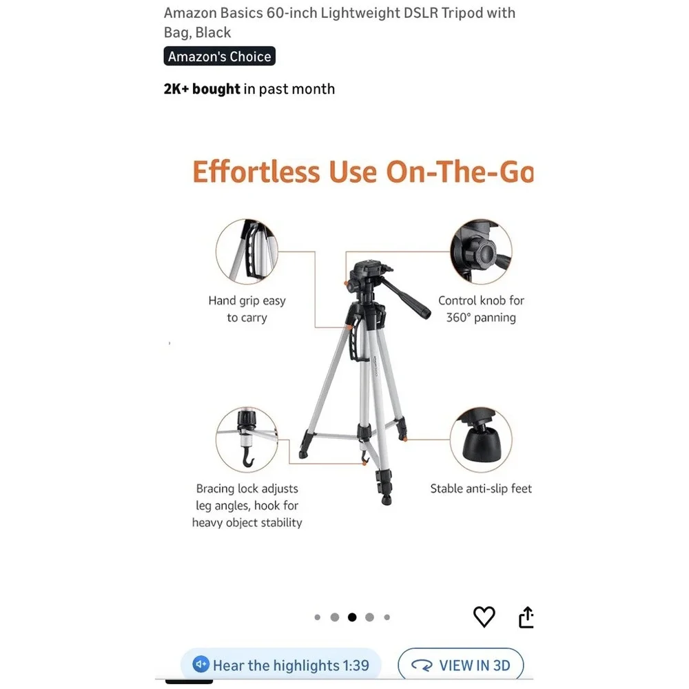 Amazon Basics 60-Inch DSLR Lightweight Tripod For Camera, Phone With‎ Bag, Black